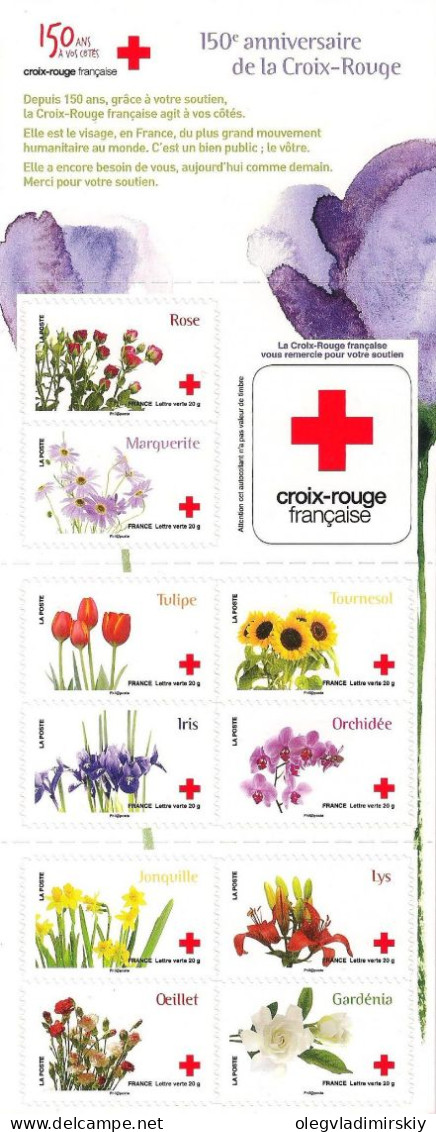 France 2014 Flowers Red Cross 150 Ann Set Of 12 Stamps In Booklet MNH - Orquideas