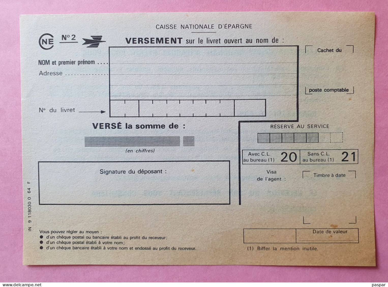 Formulaire De Versement Sur Livret - La Poste Caisse Nationale D'Epargne - Documenti Della Posta