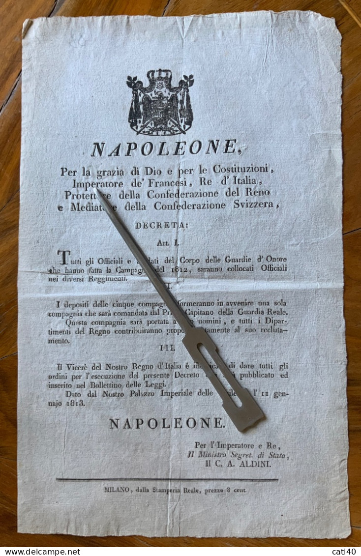 NAPOLEONE  MANIFESTO(23x40)-"..officiali E Soldati Corpo  Guardie D'Onore ..Campagna Del 1812..." - TUILERIES 11/1/1813 - Historical Documents