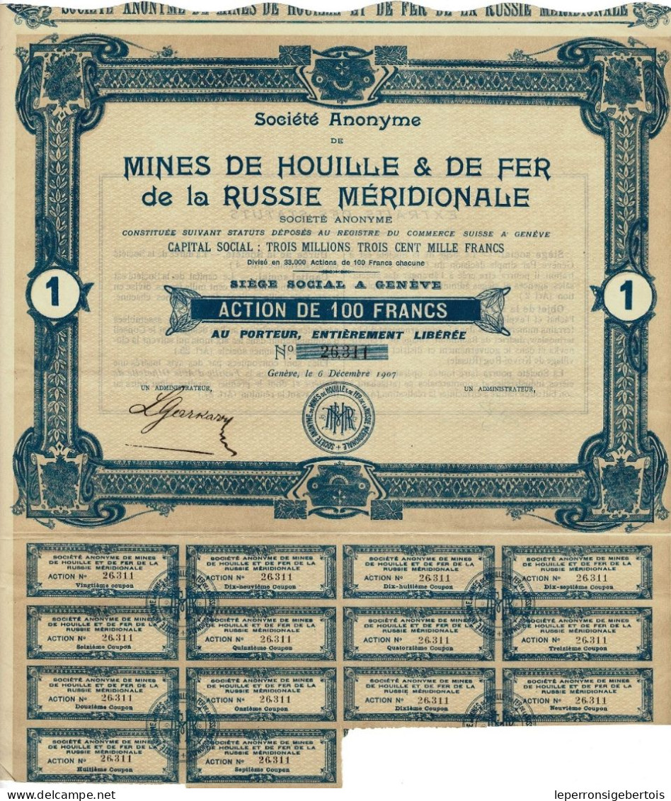 - Titre De 1907 -  Société Anonyme De Houille & De Fer De La Russie Méridioname - - Russie