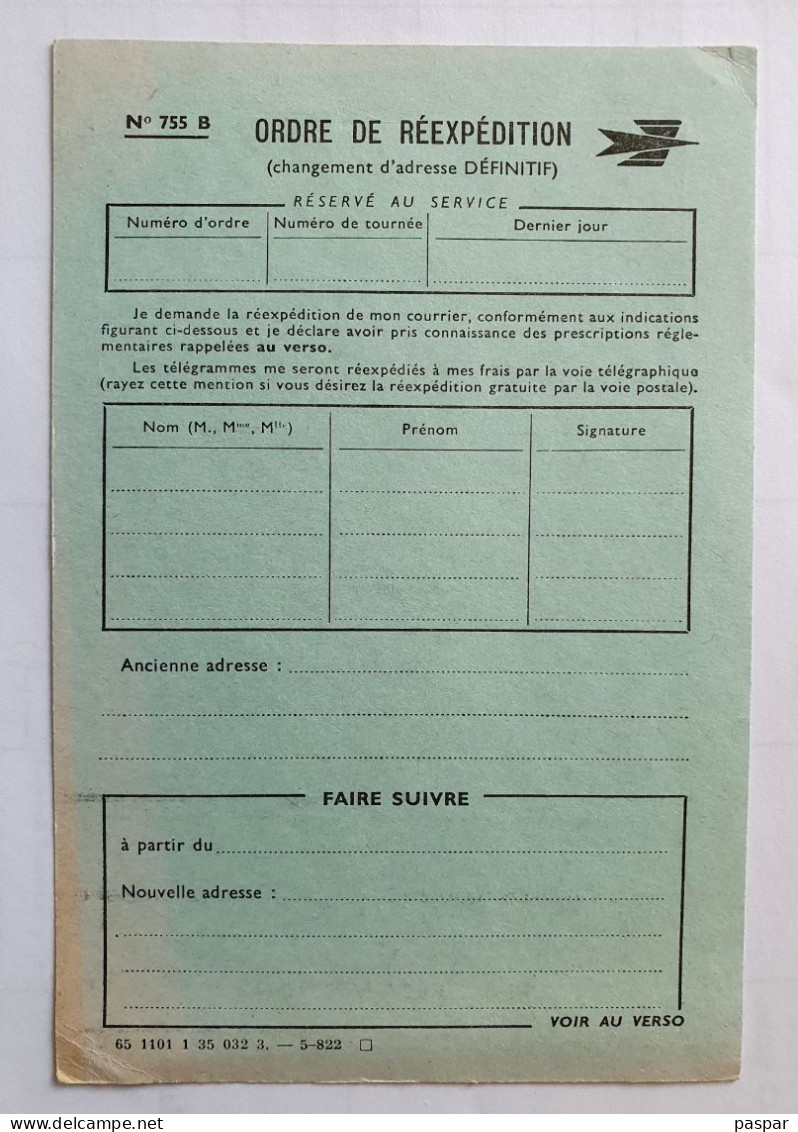 Formulaire D'Ordre De Réexpédition Définitif N° 755B  Poste France - Documents De La Poste