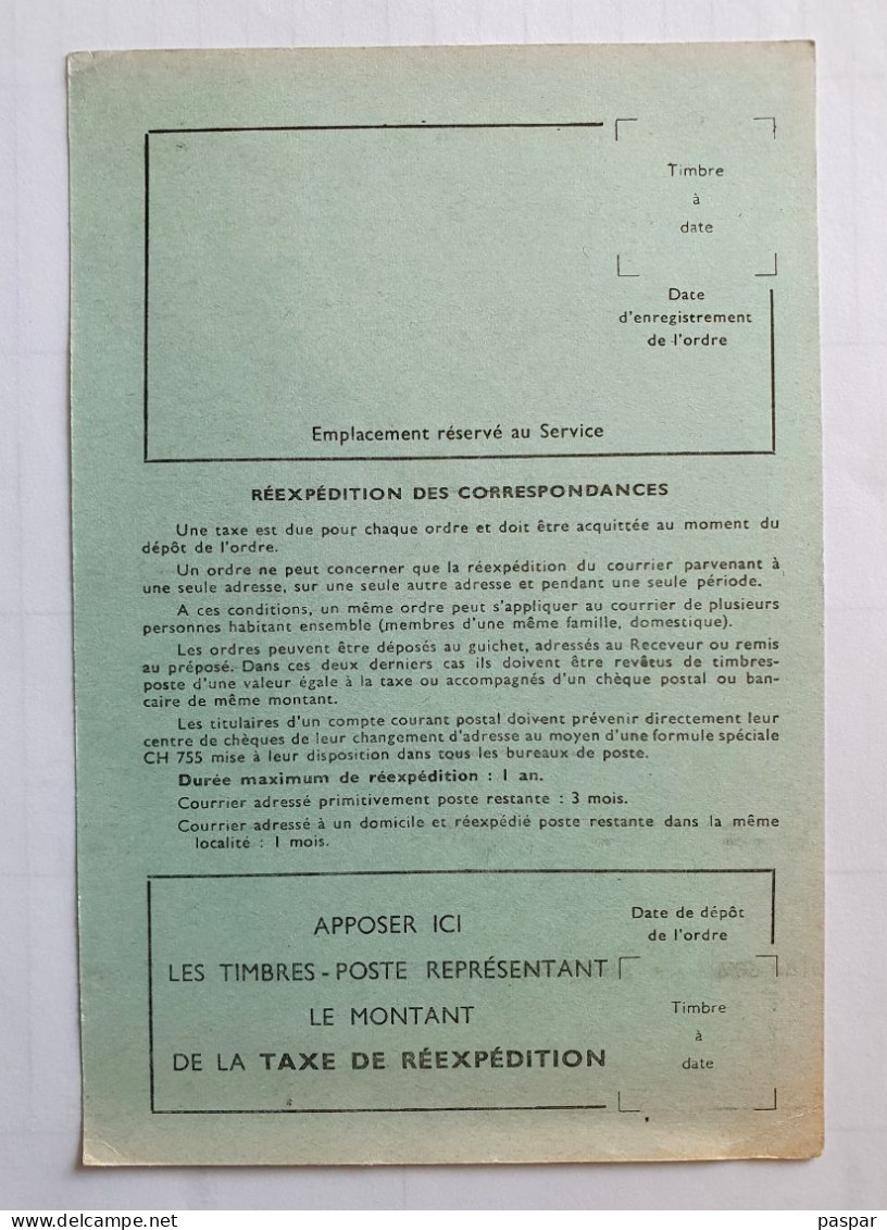 Formulaire D'Ordre De Réexpédition Définitif N° 755B  Poste France - Documenten Van De Post