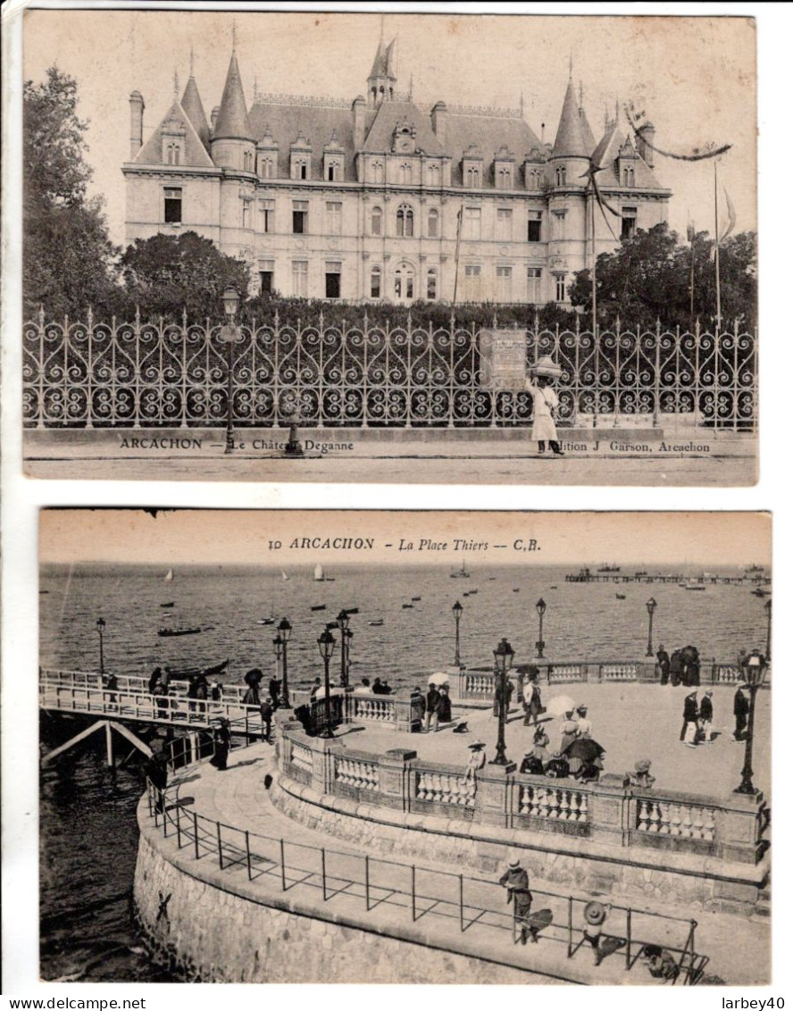 Arcachon Le Chateau Deganne - La Place Thiers - 2 Cartes Postales Ancienne - Arcachon