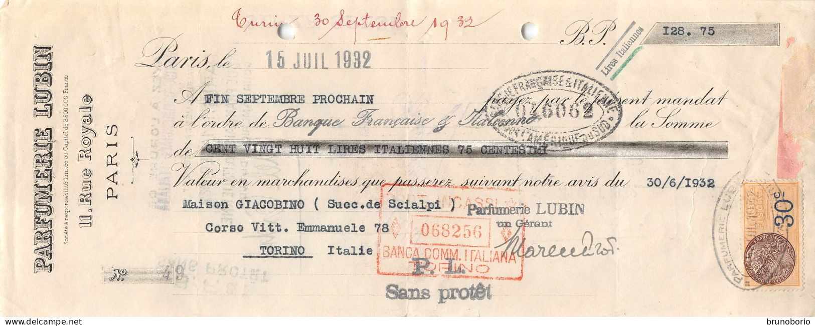 00158 "PARFUMERIE LUBIN- PARIS  - DITTA GIACOBINO -TORINO . CAMBIALE NR 49 - 15 JUIL 1932-BANCA COMMERCIALE"  CAMB. ORIG - Lettres De Change