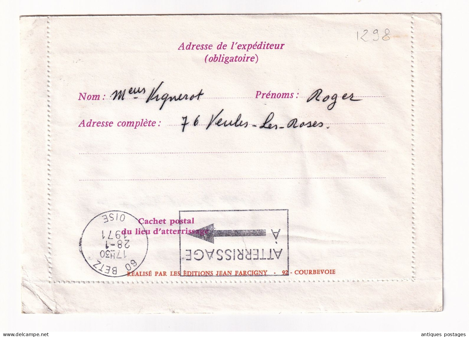 Lettre 1971 Centenaire Poste Ballons Montés Vol Spécial Par Ballon Club Aérostatique De France Betz Oise Montgolfière - Brieven En Documenten