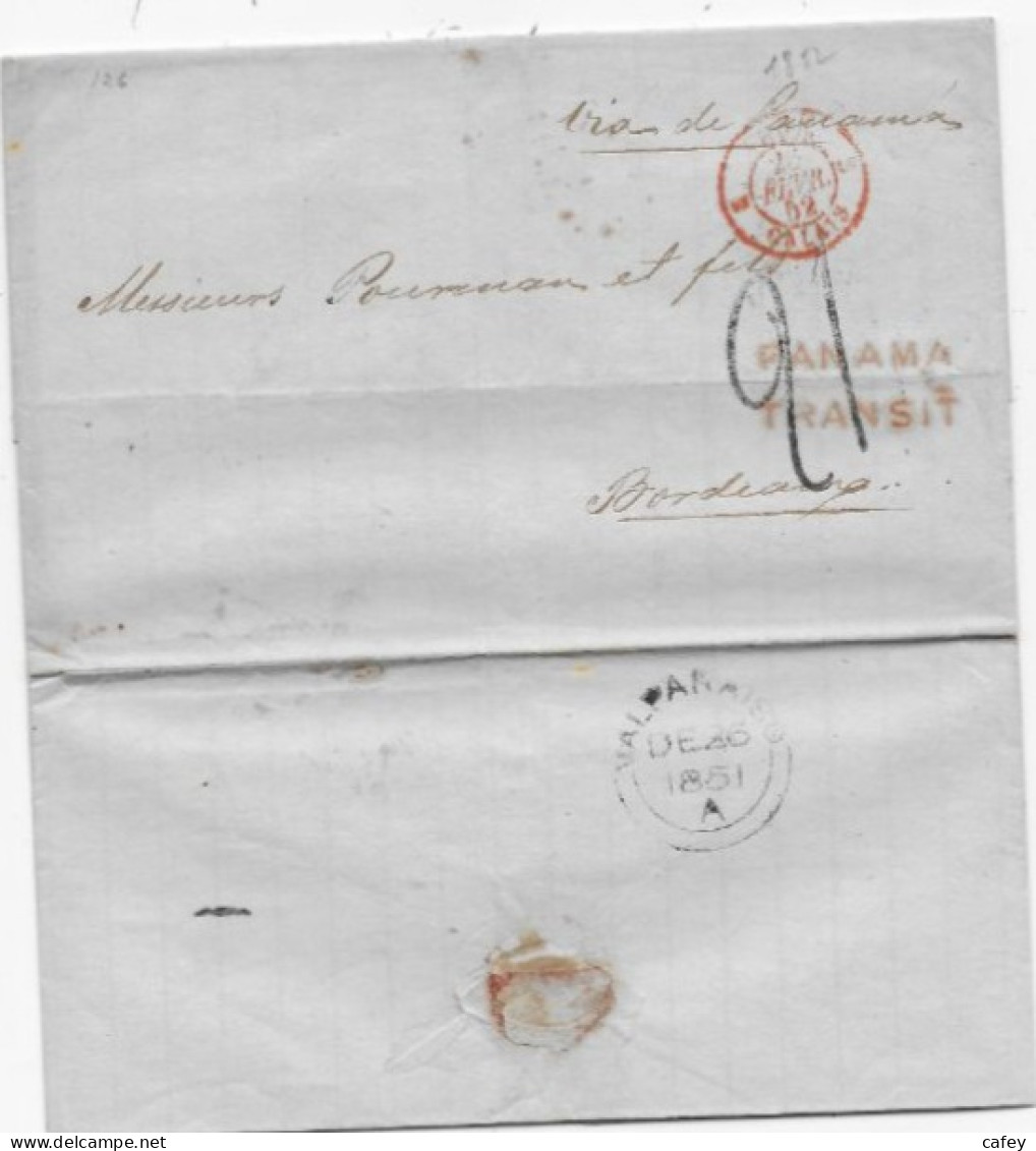 CHILI  Lettre  De VALPARAISO 1851 Griffe PANAMA / TRANSIT Taxe  Tampon 21 , Càd Entrée CALAIS - Correo Marítimo