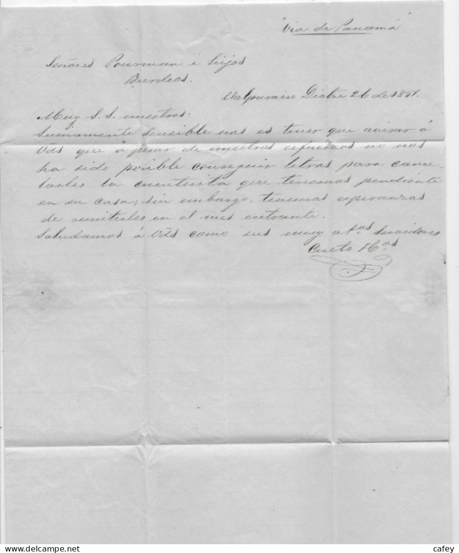 CHILI  Lettre  De VALPARAISO 1851 Griffe PANAMA / TRANSIT Taxe  Tampon 21 , Càd Entrée CALAIS - Correo Marítimo