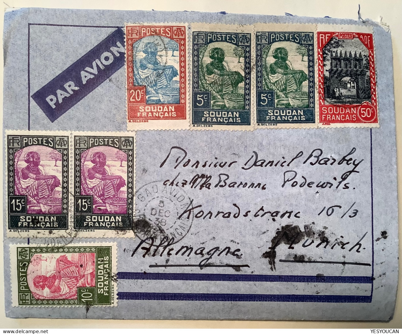 "GAO AVION SOUDAN FRANÇAIS 1938“ Obl Pas Courante Lettre Par Avion>München Via Le Bourget (pirogue Art Architecture - Lettres & Documents