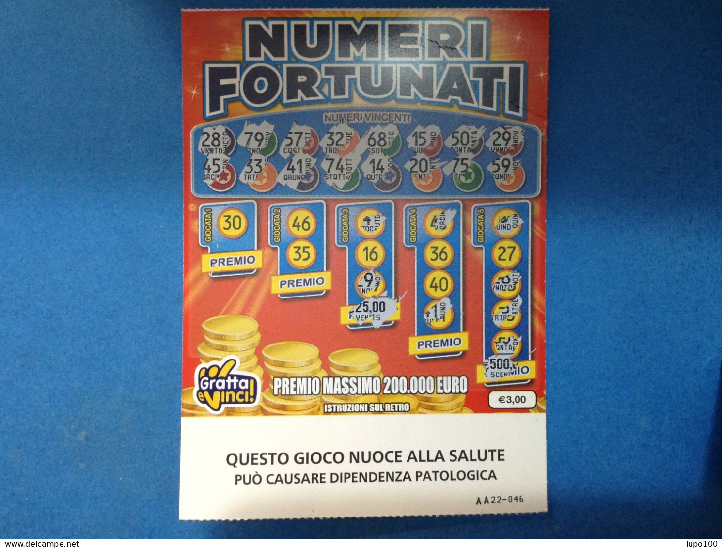 Lotteria Gratta E Vinci Numeri Fortunati Lotto 3049 Sigla AA Variante FSC Cartone A Sostegno Della Gestione Forestale - Lottery Tickets