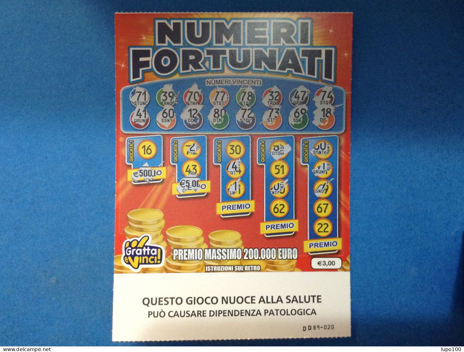 Lotteria Gratta E Vinci Numeri Fortunati Lotto 3049 Sigla DD Variante FSC Cartone A Sostegno Della Gestione Forestale - Lottery Tickets