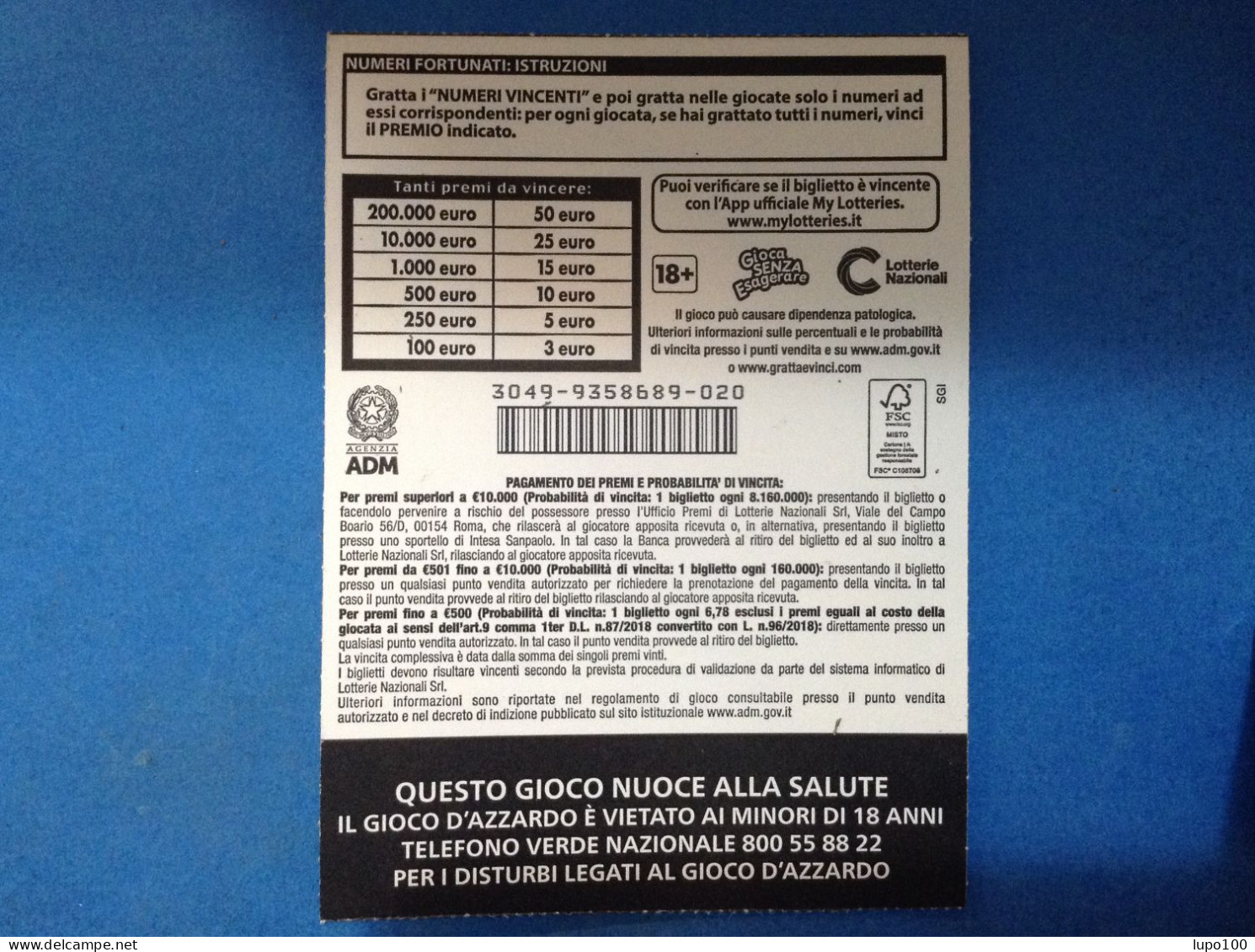 Lotteria Gratta E Vinci Numeri Fortunati Lotto 3049 Sigla DD Variante FSC Cartone A Sostegno Della Gestione Forestale - Lottery Tickets