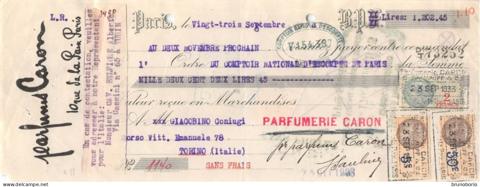 00160 "PARFUMERIE CARON - PARIS  - DITTA GIACOBINO -TORINO - CAMBIALE N.1140 - NT.- CREDITO ITAL 3 BOLLI"  CAMBIALE ORIG - Bills Of Exchange