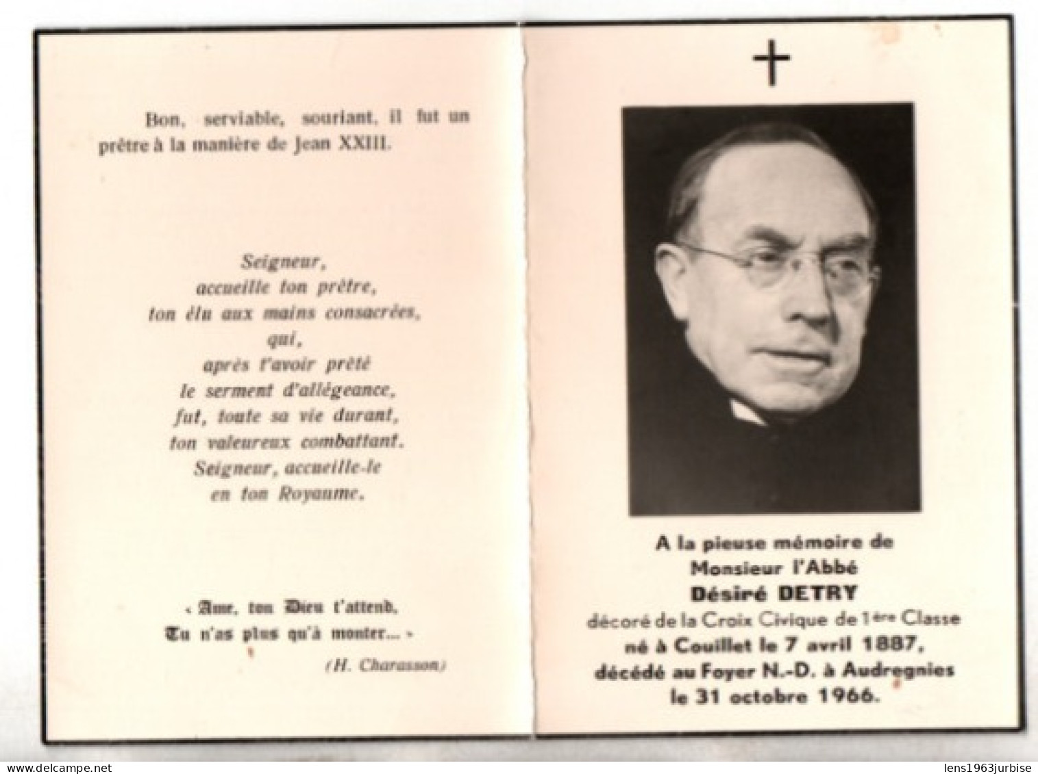 Abbé Désiré Detry , Né à Couillet 1887 - Décédé à Audregnies 1966  , 2 Documents - Obituary Notices