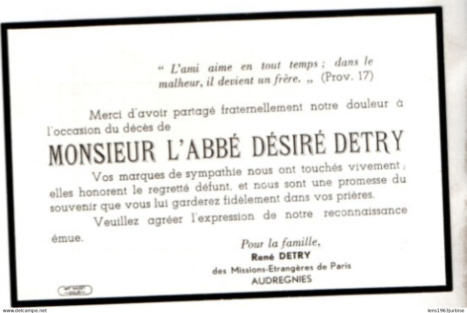Abbé Désiré Detry , Né à Couillet 1887 - Décédé à Audregnies 1966  , 2 Documents - Obituary Notices