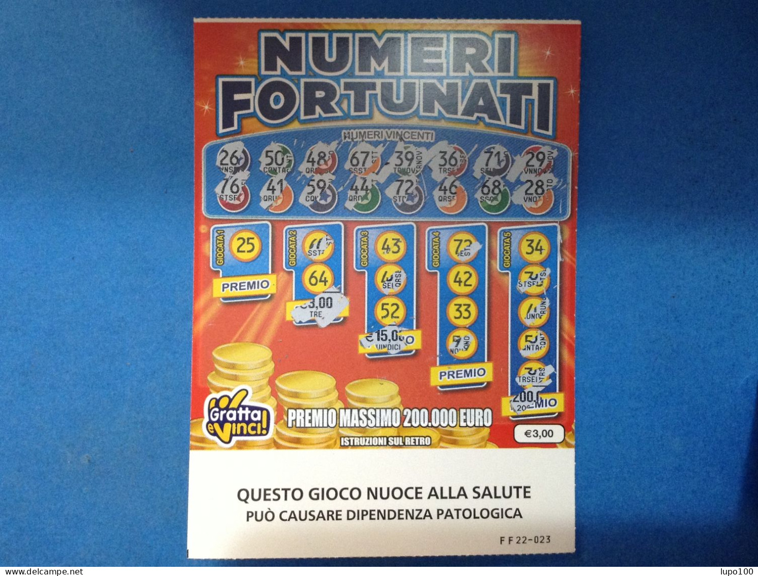 Lotteria Gratta E Vinci Numeri Fortunati Lotto 3049 Sigla FF Variante FSC Cartone A Sostegno Della Gestione Forestale - Billetes De Lotería
