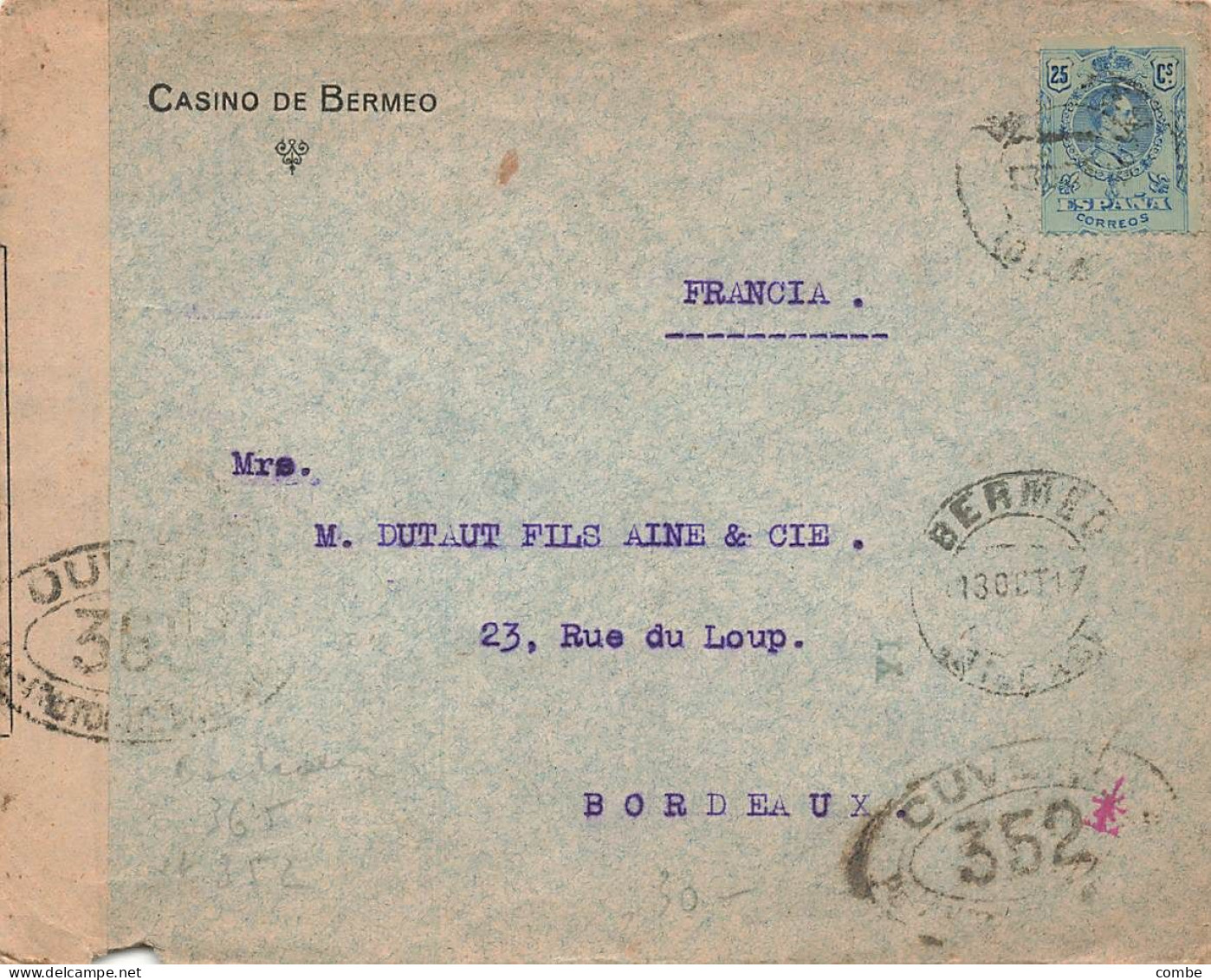 LETTRE. ESPAGNE. 13 OCT 17. CASINO DE BERMEO POUR LA FRANCE. BANDE CENSURE - Cartas & Documentos