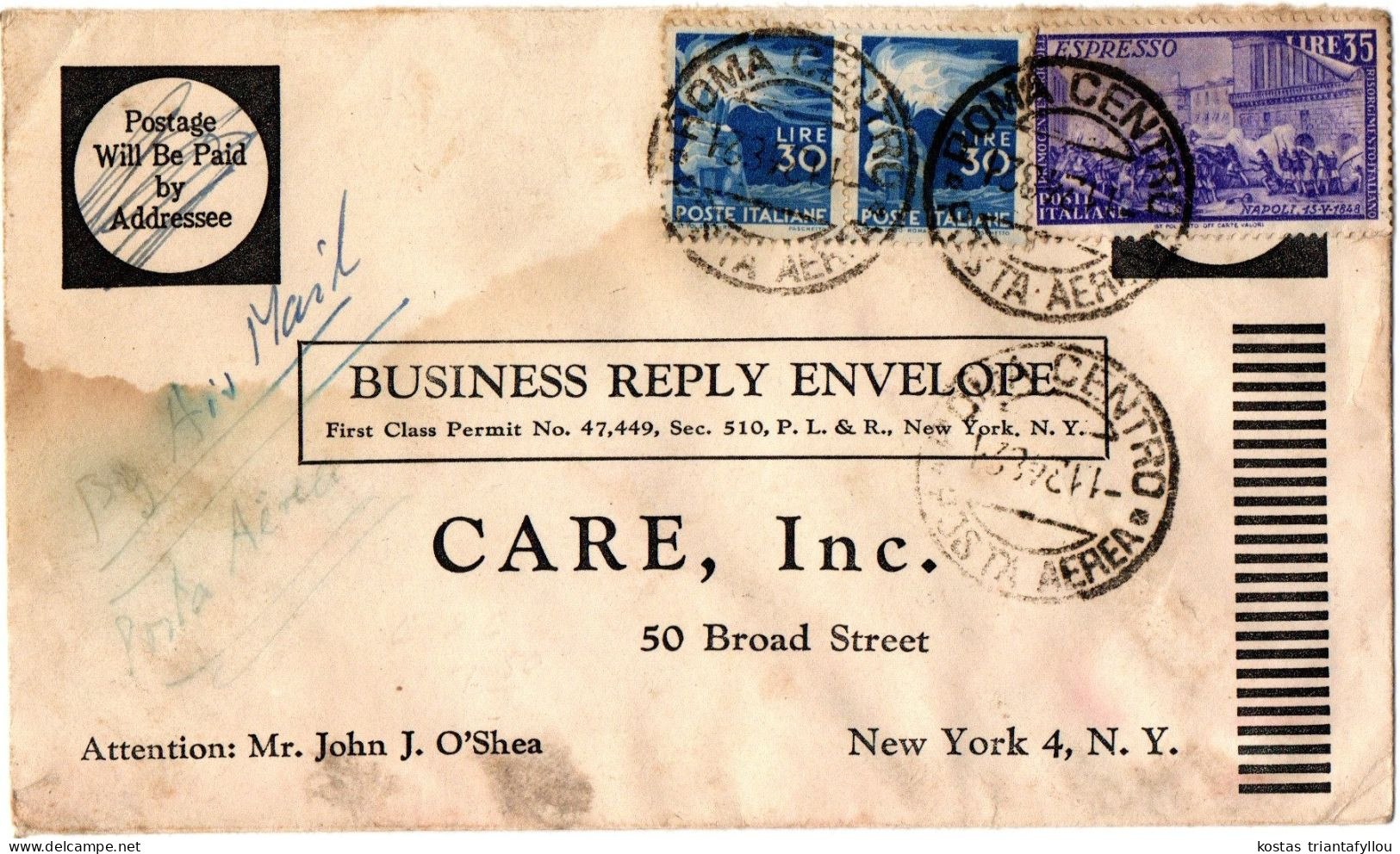 1,35 ITALY, VIA AIR MAIL, 1948(?), BUSINESS REPLY COVER TO NEW YORK - 1946-60: Poststempel