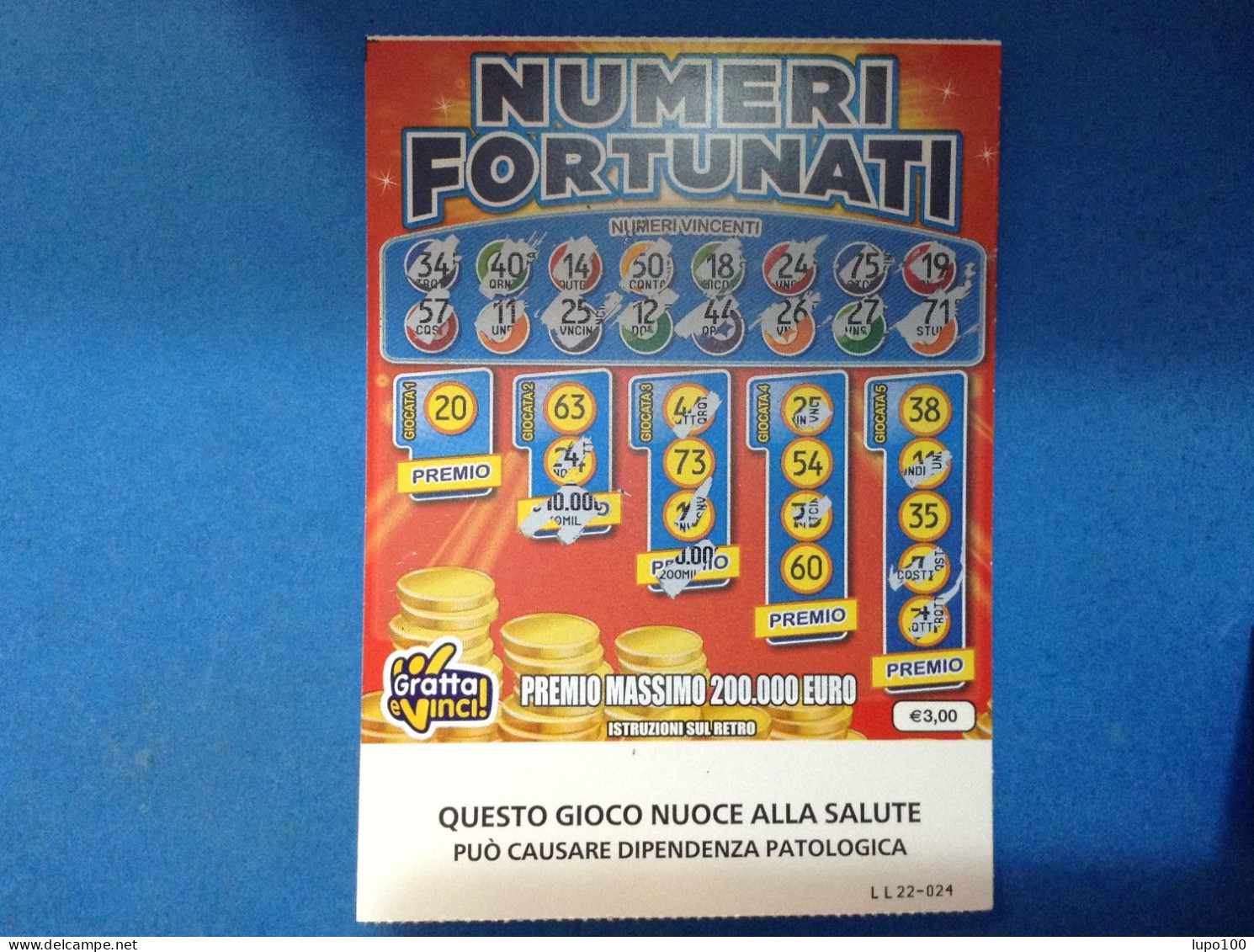 Lotteria Gratta E Vinci Numeri Fortunati Lotto 3049 Sigla LL Variante FSC Cartone A Sostegno Della Gestione Forestale - Billets De Loterie