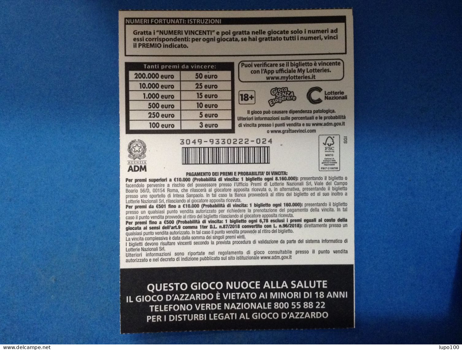 Lotteria Gratta E Vinci Numeri Fortunati Lotto 3049 Sigla LL Variante FSC Cartone A Sostegno Della Gestione Forestale - Billets De Loterie