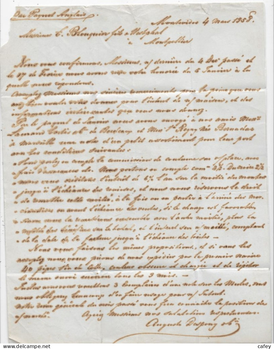 URUGUAY  Lettre  De MONTEVIDEO 1858 Marque D'échange GB/ 1F60 Taxe  Tampon 24 Entrée CALAIS M - Poste Maritime