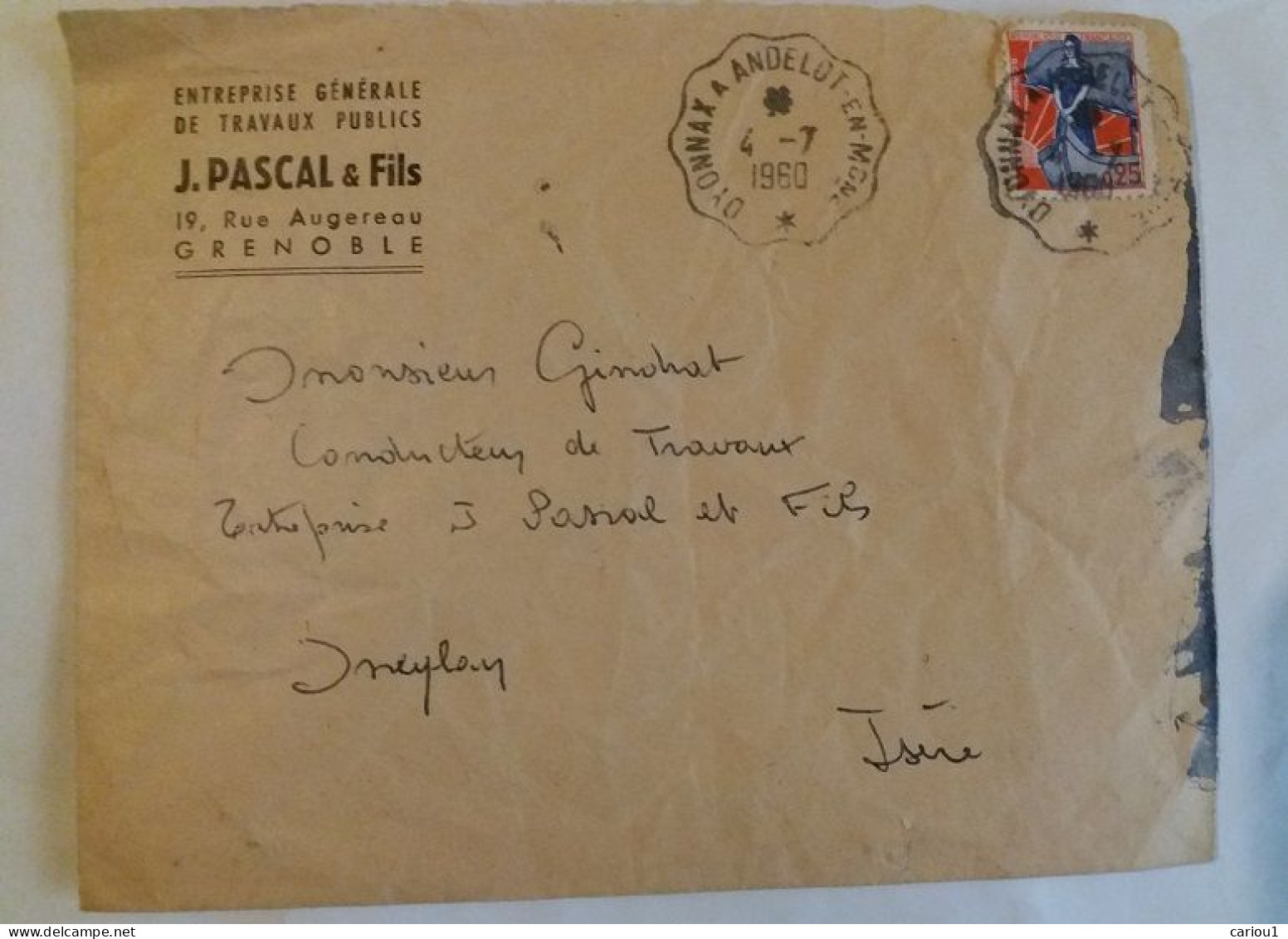C1 Enveloppe GRENOBLE Entreprise J. PASCAL Et Fils 1960 Dauphine Isere  Port Inclus France - Otros & Sin Clasificación