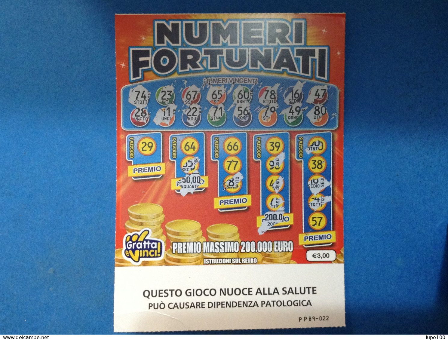 Lotteria Gratta E Vinci Numeri Fortunati Lotto 3049 Sigla PP Variante FSC Cartone A Sostegno Della Gestione Forestale - Billets De Loterie