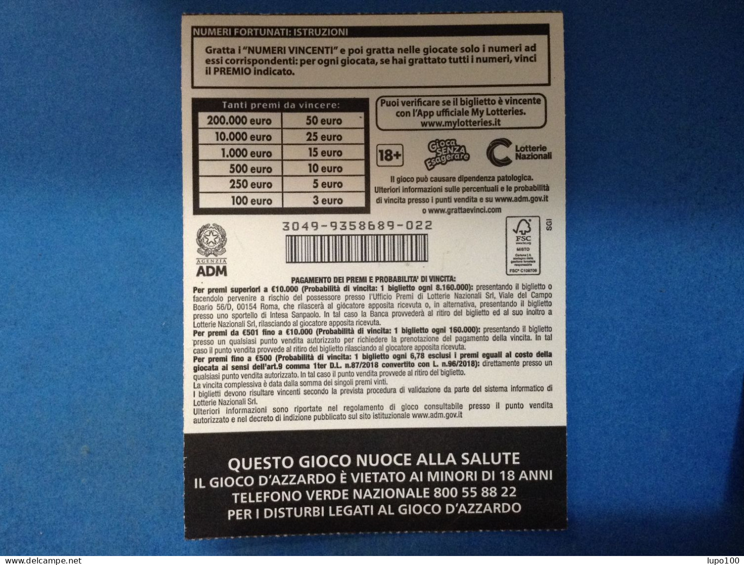 Lotteria Gratta E Vinci Numeri Fortunati Lotto 3049 Sigla PP Variante FSC Cartone A Sostegno Della Gestione Forestale - Loterijbiljetten