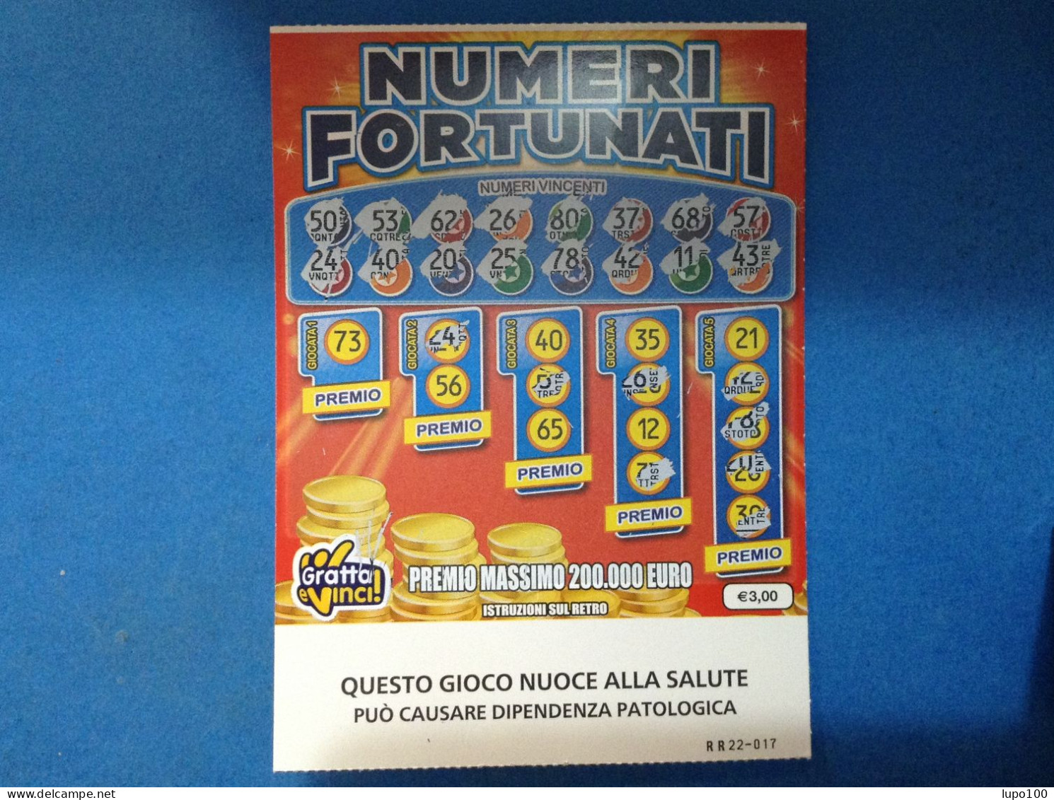 Lotteria Gratta E Vinci Numeri Fortunati Lotto 3049 Sigla RR Variante FSC Cartone A Sostegno Della Gestione Forestale - Lottery Tickets