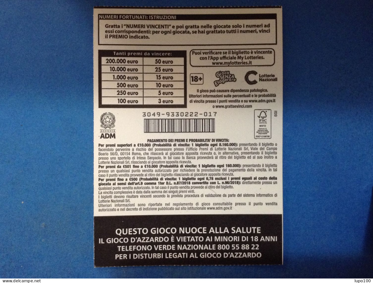 Lotteria Gratta E Vinci Numeri Fortunati Lotto 3049 Sigla RR Variante FSC Cartone A Sostegno Della Gestione Forestale - Lottery Tickets