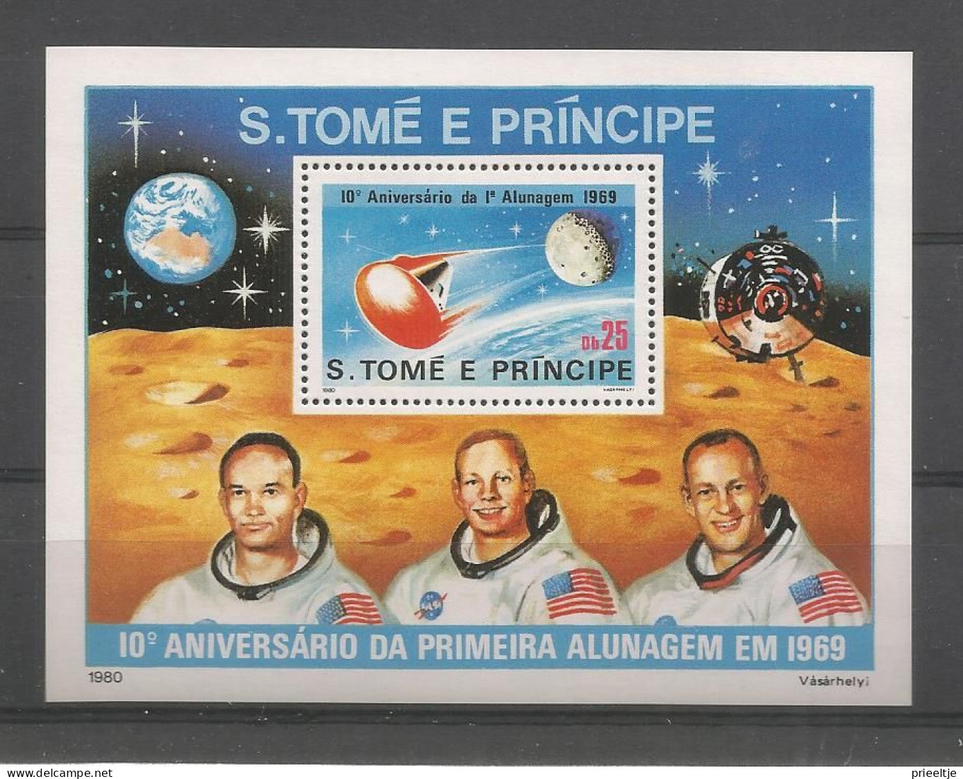 St Tome E Principe 1980 Space 10th Anniv. 1st Man On The Moon  S/S Y.T. BF 17 ** - Sao Tomé Y Príncipe