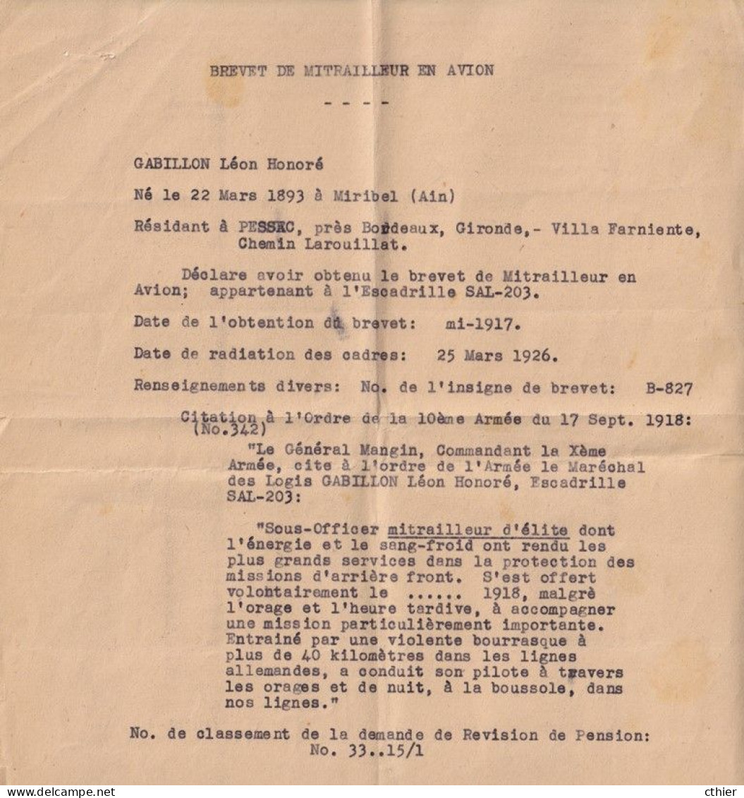 DOCUMENT PESSAC 33 - Chemin Larouillat - Guerre 1914/18 - Mitrailleur En Avion - Pessac