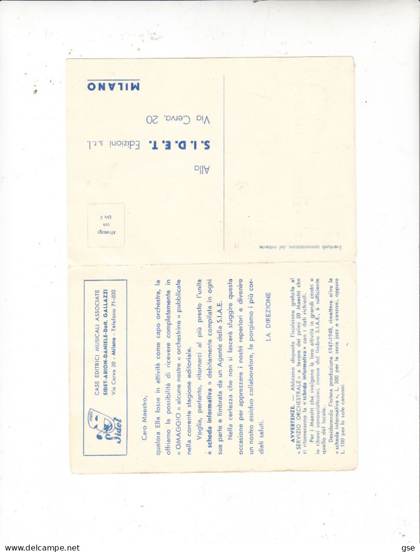 ITALIA 1948 - Musica - Cartolina Pubblicitaria "JAZZ MIGNON -  Gruoppo Sidet" - Music