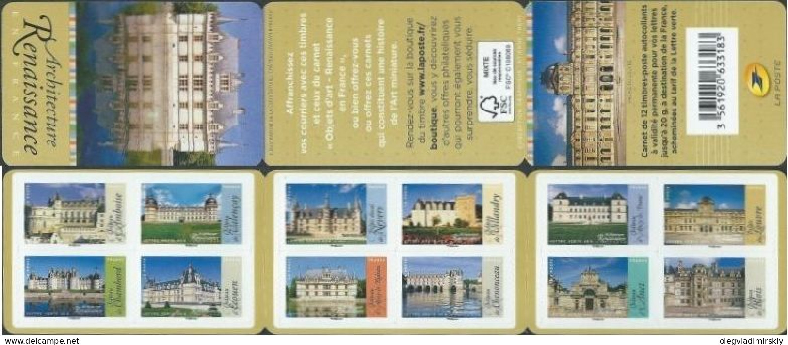 France 2015 Architecture Of Renaissance Castles Palaces Museums Set Of 12 Stamps In Booklet MNH - Schlösser U. Burgen