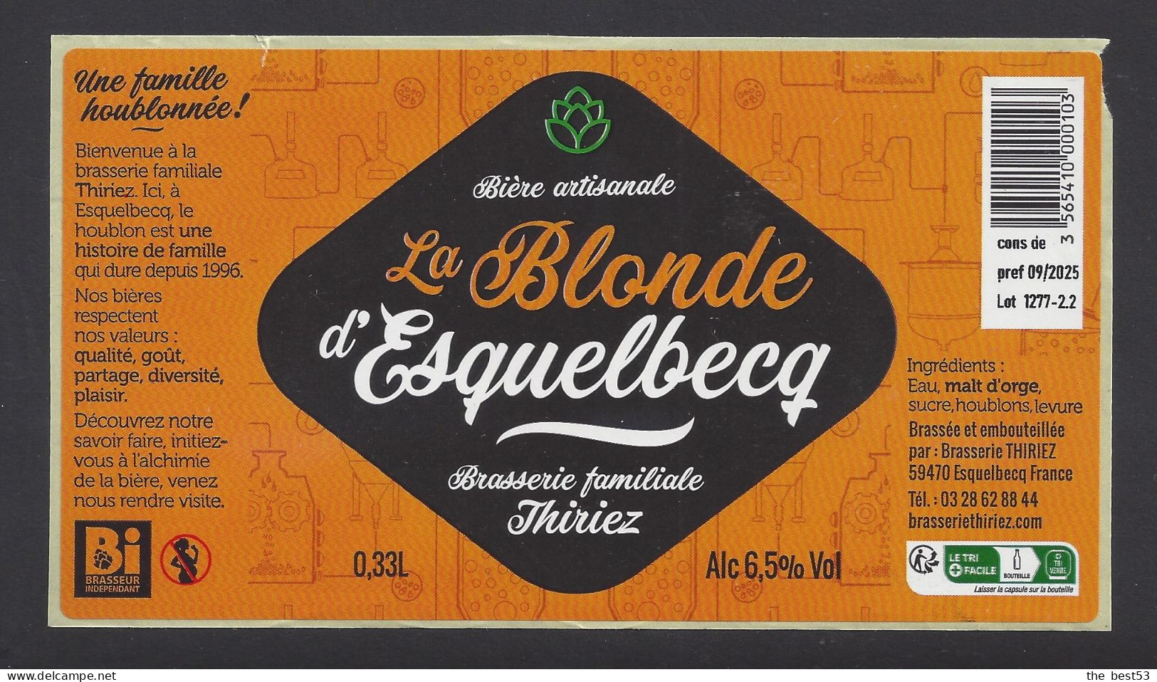 Etiquette De Bière Blonde   -    Brasserie  Thiriez  à  Esquelbecq  (59) - Cerveza