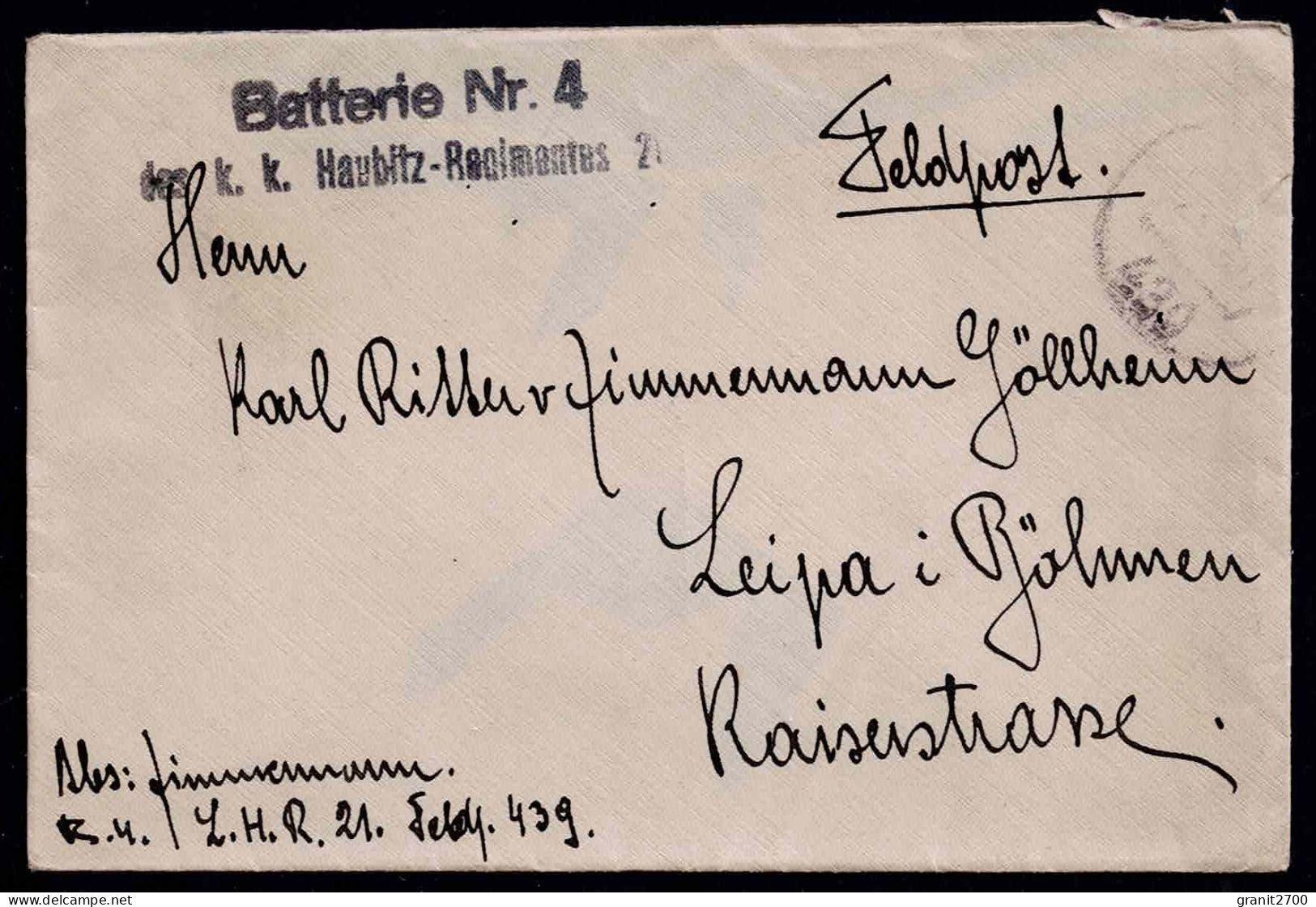 Briefumschlag Mit Stempel Batterie Nr. 4 Des K. K. Haubitz- Regimentes - Sonstige & Ohne Zuordnung