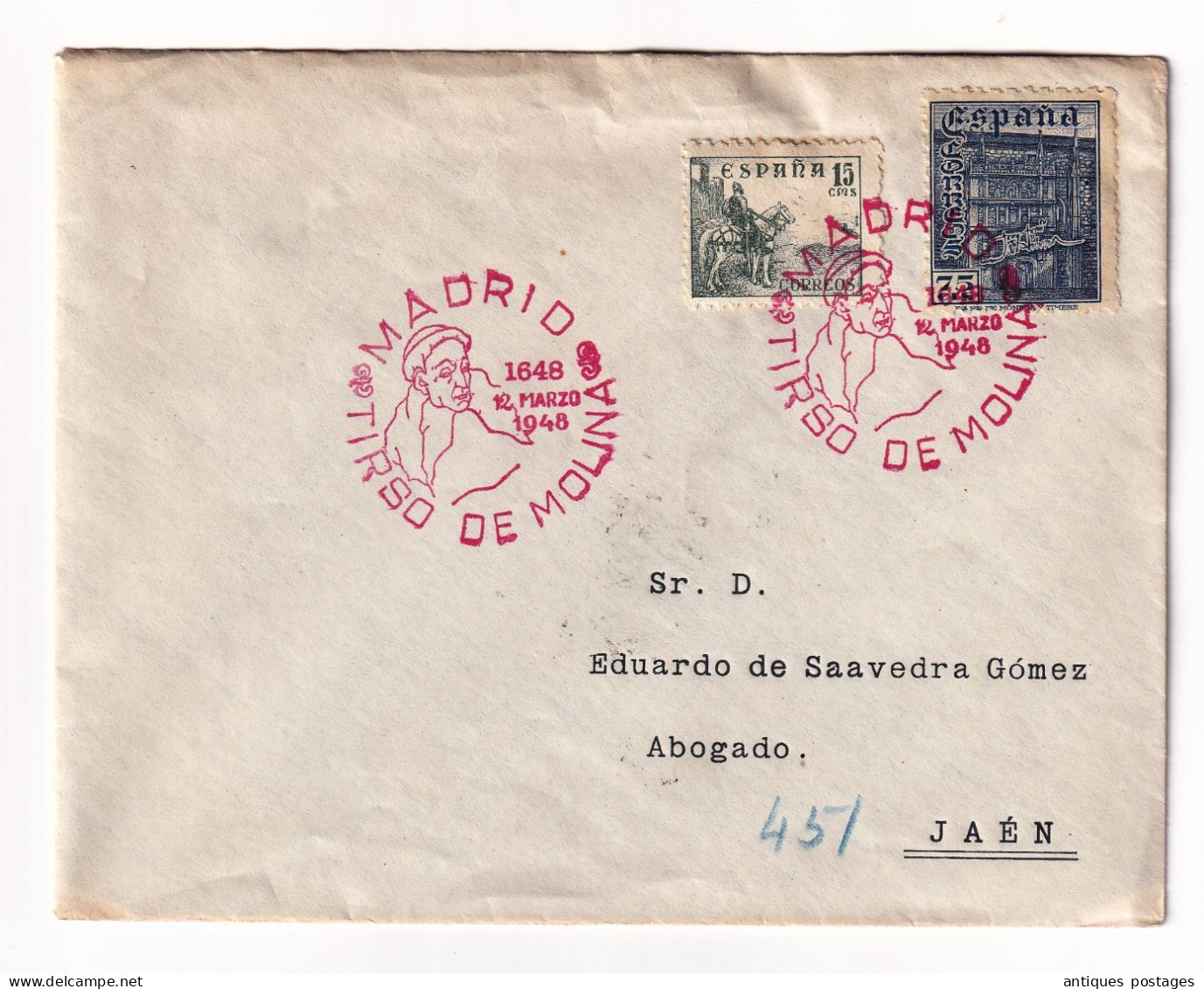 Lettres 12 Marso 1948 Espagne Madrid Matasello Tirso De Molina Certificado Jaén - Cartas & Documentos
