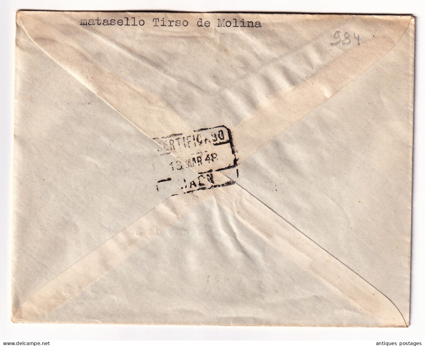 Lettres 12 Marso 1948 Espagne Madrid Matasello Tirso De Molina Certificado Jaén - Storia Postale