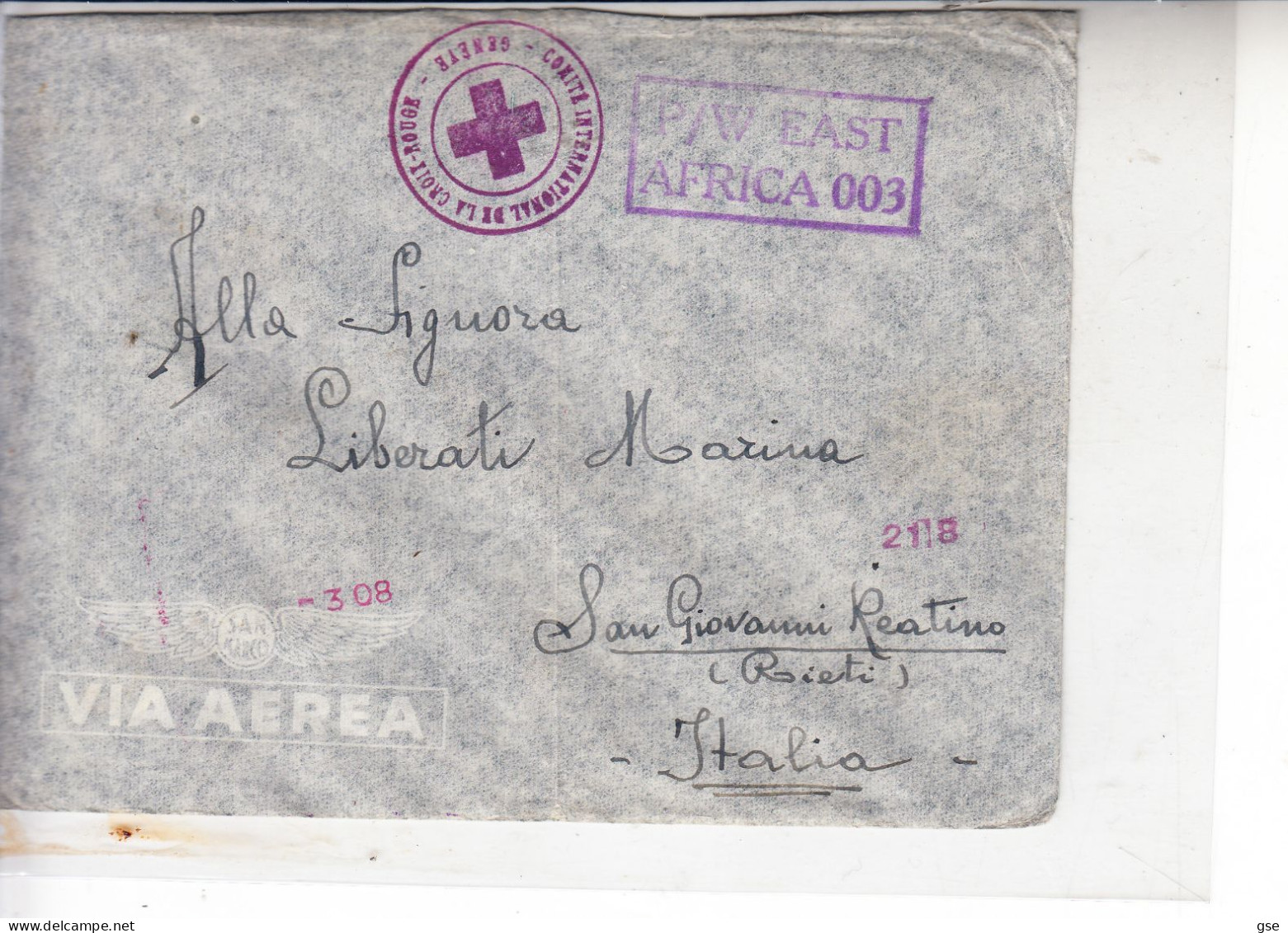 ETIOPIA  - Lettera Da P/W EAST AFRICA  003 Da Gimma Per S.Giovanni Reatino - Red Cross