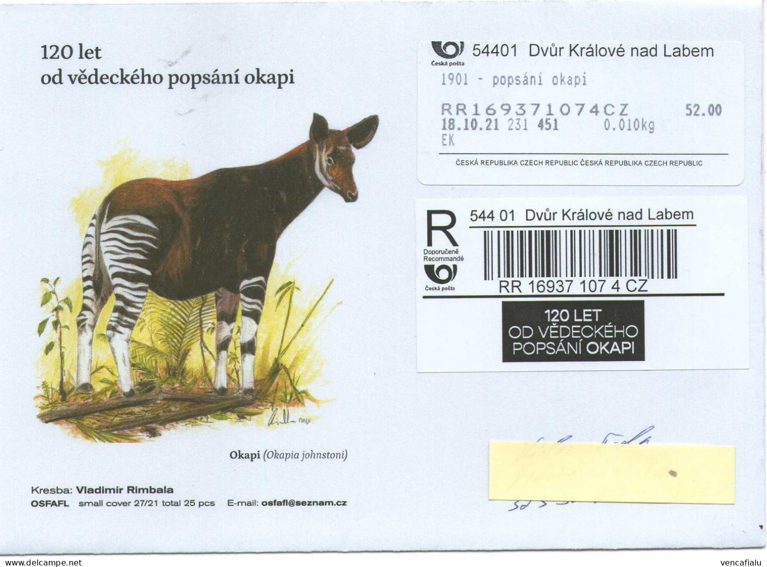 Czech Republic 2021 - Okapi, 120  Years Description,  Special Cover, Spec. Reg. Label, Apost - Girafes