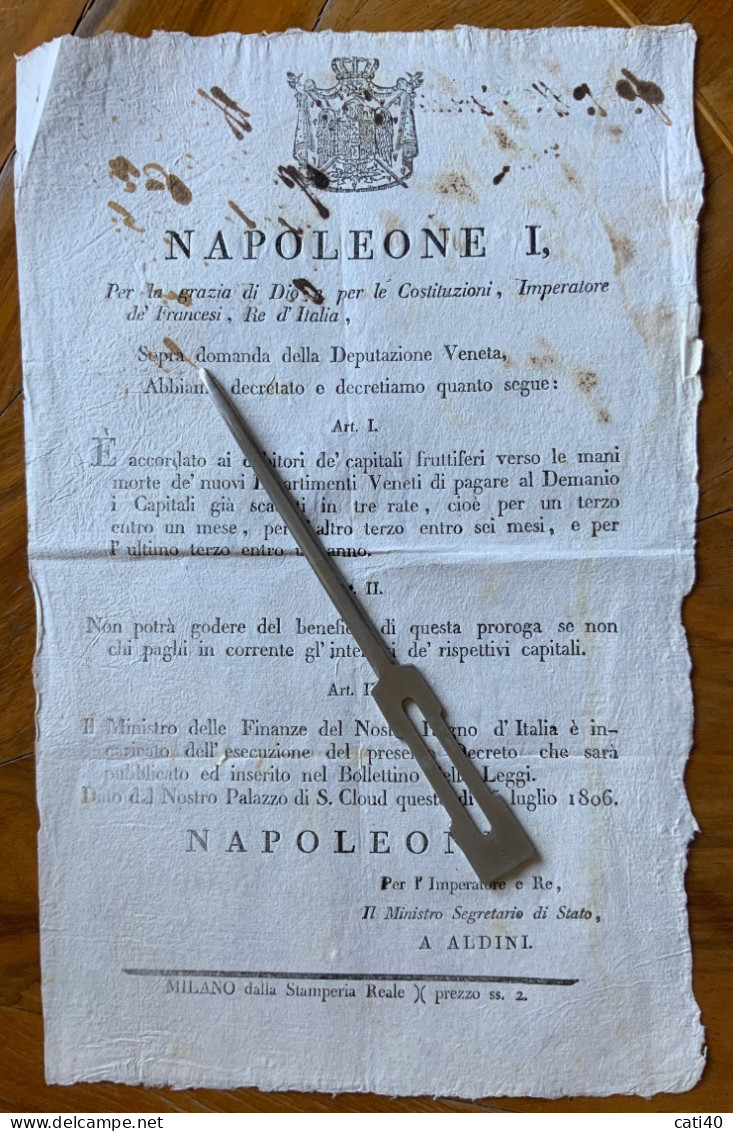 NAPOLEONE - MANIFESTO(23x40)-  DEPUTAZIONE VENETA : " PROROGA DEI PAGAMENTI...."  MILANO 25/6/1806 - Documenti Storici