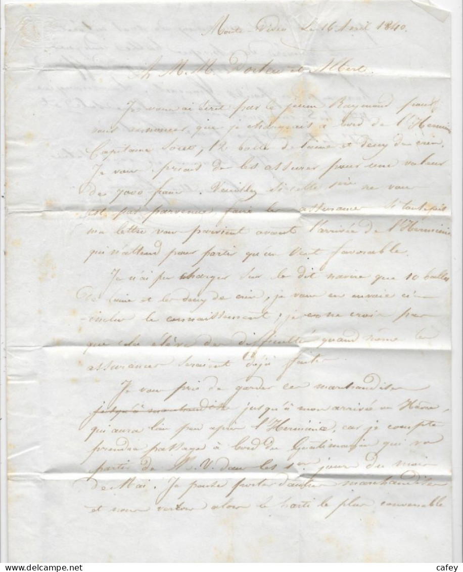 URUGUAY  Lettre  De MONTEVIDEO 1840 OUTRE-MER/ MARSEILLE (pas Commun Venant D'Amérique) Bateau LE MALOUIN - Schiffspost