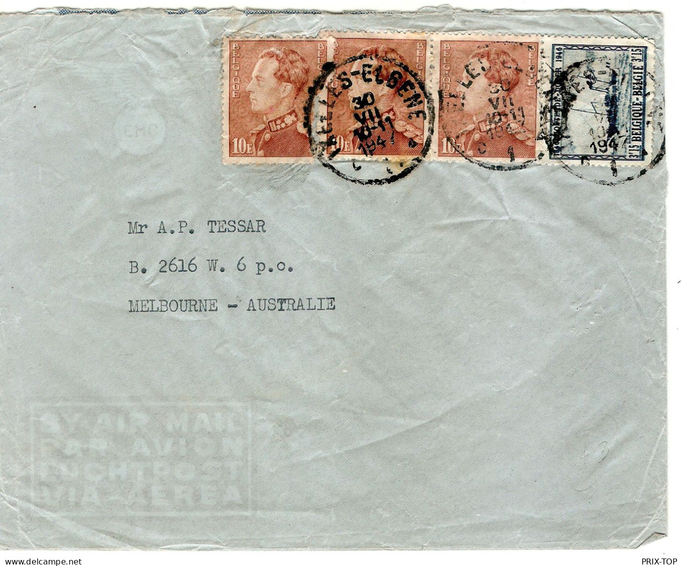 TP 434A (3) Poortman + TP S/L. Avion Obl. Ixelles 30/7/1947 > Melbourne - Australie - Cartas & Documentos