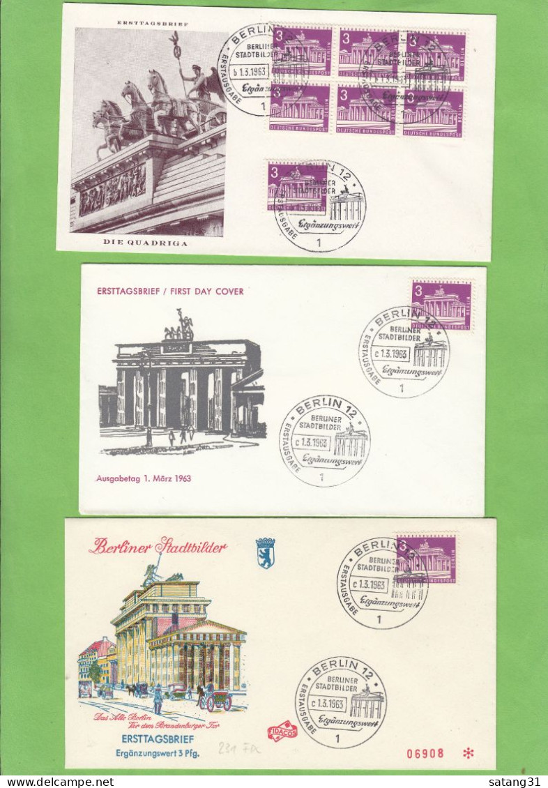 3 VERSCHIEDENE FDC BERLINER STADTBILDER ERGÄNZUNGSWERT 3 PF. 1. 3. 1963. - 1948-1970