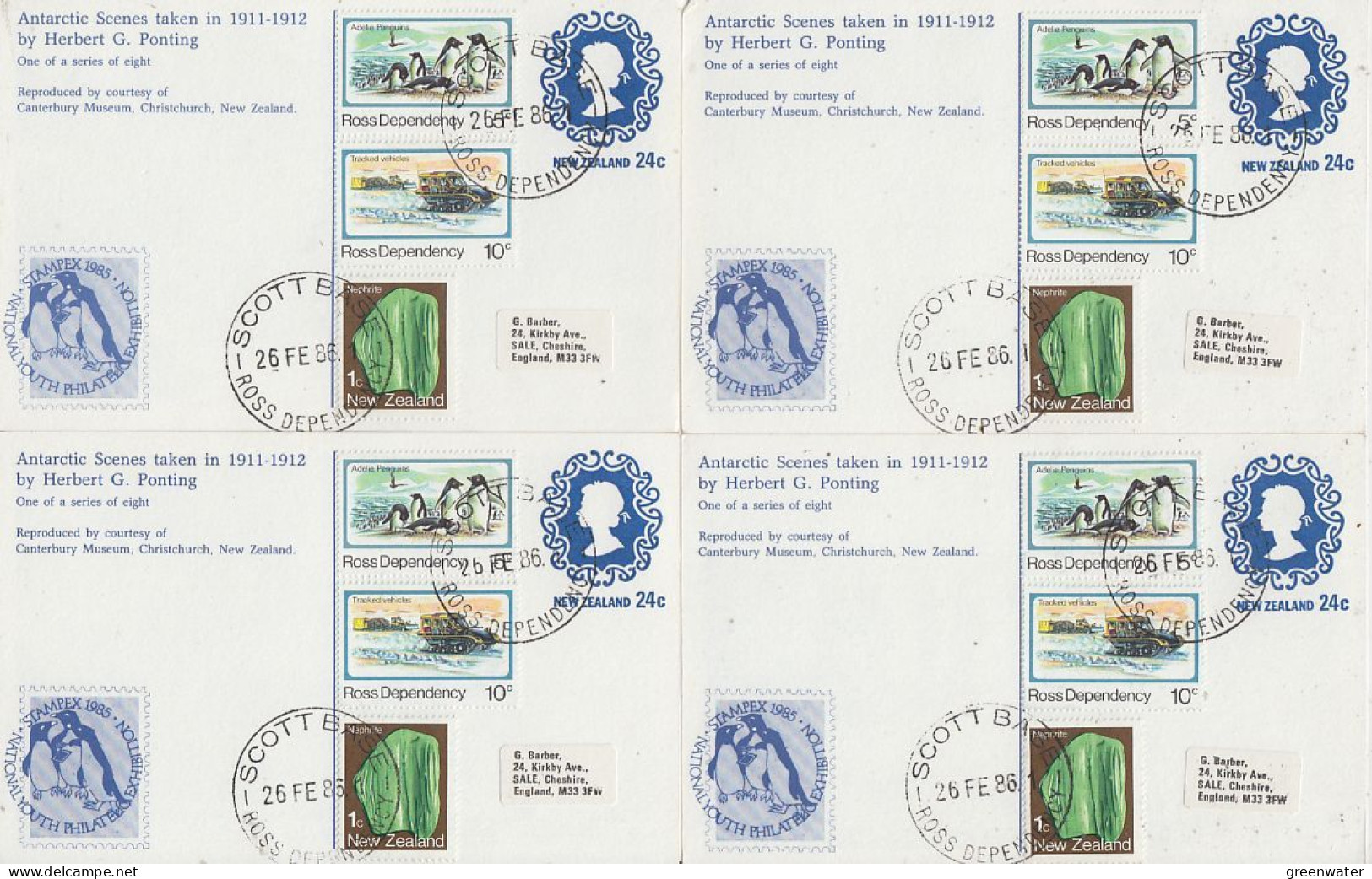 Ross Dependency Antarctic Scenes (Ponting) 8 Postcards All Used Scott Base 26 FE 1986 (59747) - Lettres & Documents