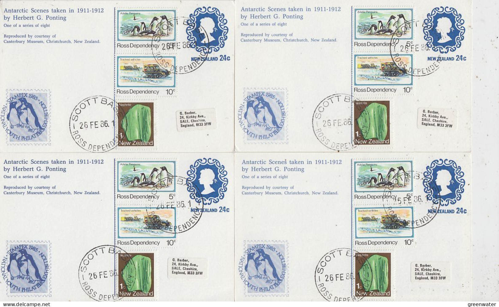 Ross Dependency Antarctic Scenes (Ponting) 8 Postcards All Used Scott Base 26 FE 1986 (59747) - Brieven En Documenten