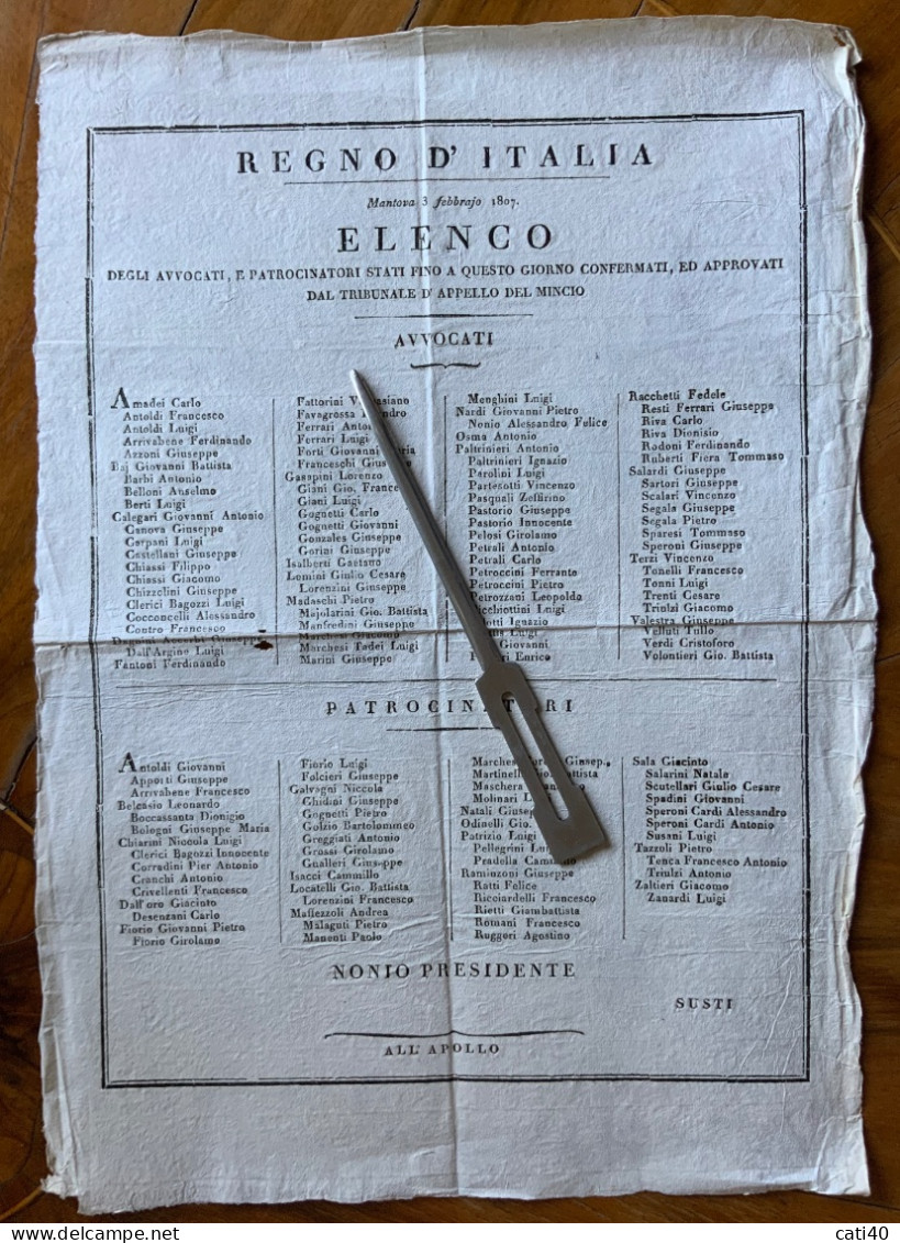 REGNO D'TALIA - MANTOVA 3/2/1807 - ELENCO AVVOCATI E PATROCINATORI DE4L TRIBUNALE D'APPELLO DEL MINCIO - Documents Historiques