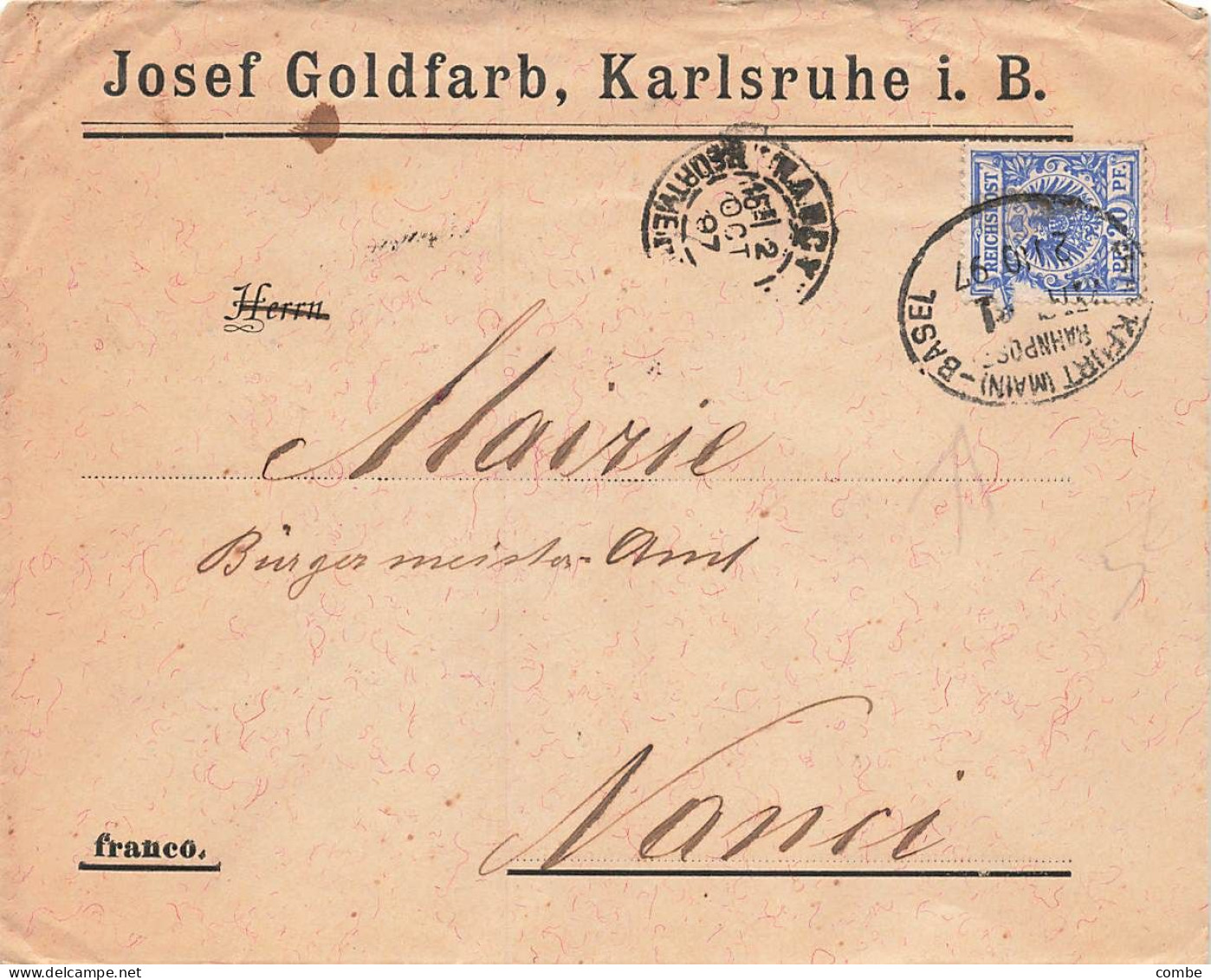 LETTRE. ALLEMAGNE. 1 OCT 97. BAHNPOST FRANKFURT-BASEL POUR NANCY - Covers & Documents