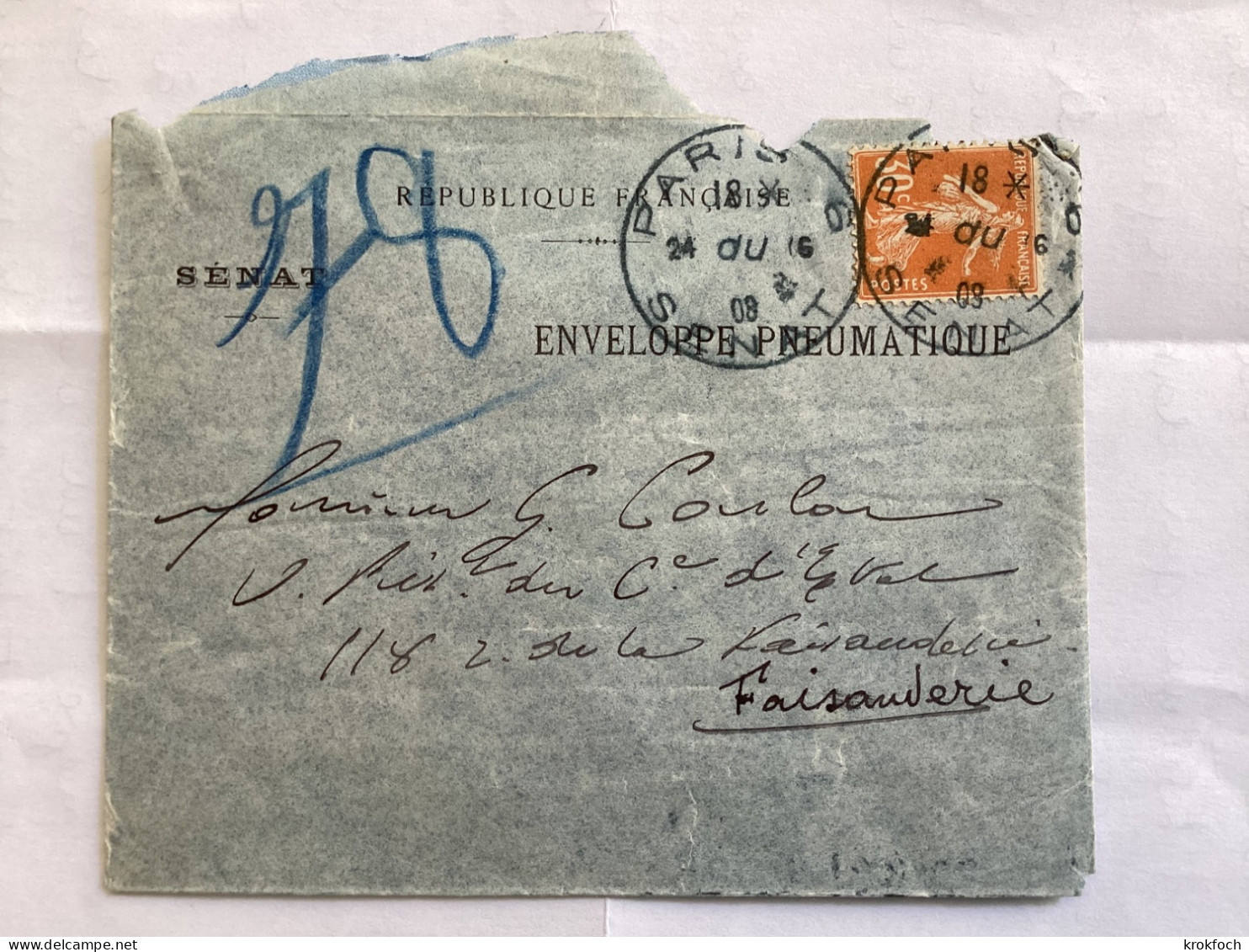 Paris 6 Sénat 1908 - Enveloppe Pneumatique - Verso Rue Dufrenoy - 1877-1920: Periodo Semi Moderno