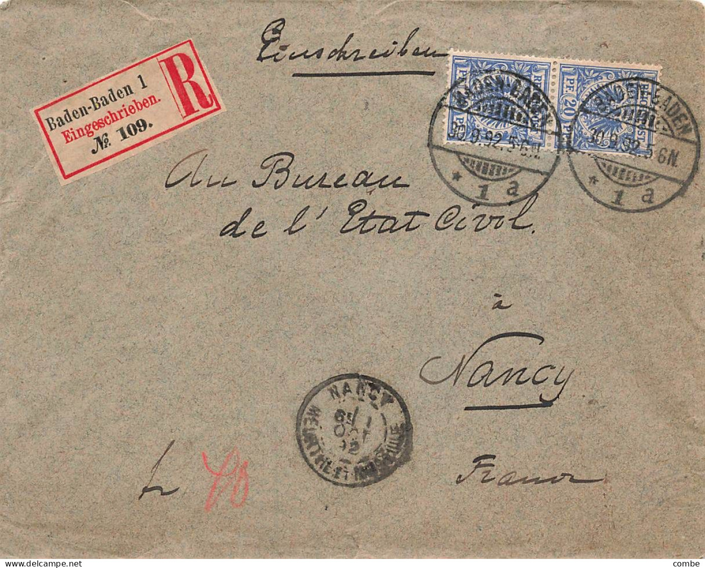 LETTRE. ALLEMAGNE. 30 9 92. RECOMMANDE BADEN-BADEN POUR NANCY - Brieven En Documenten