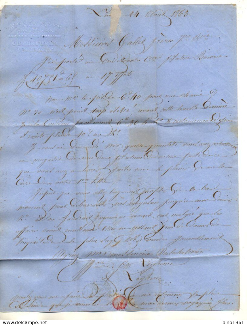 VP23.113 -1862 - Lettre - Filature De Coton,Teinturerie, Imprimerie, Retorderie Ch LEYHERR à LAVAL Pour FLERS DE L'ORNE - 1800 – 1899